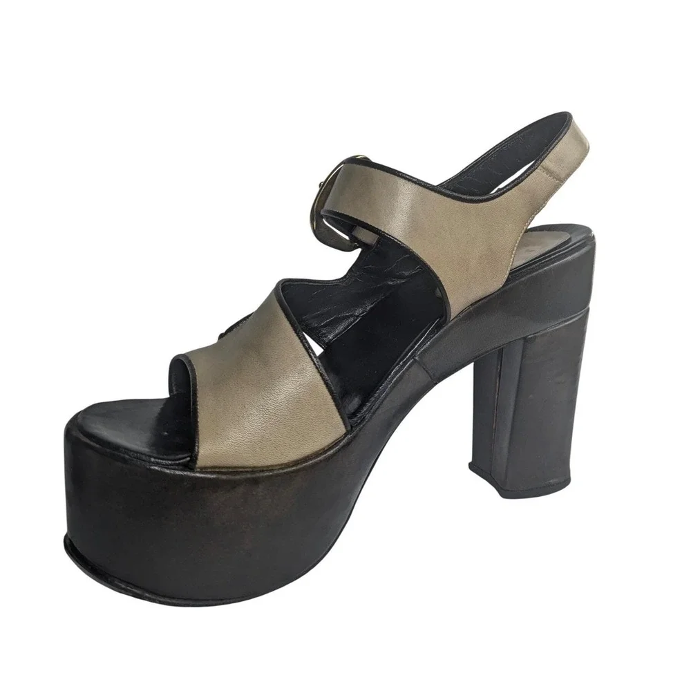 Vintage 70s Leather Platform Sandals Disco Chunky Block Heel Slingback Brown 7.5